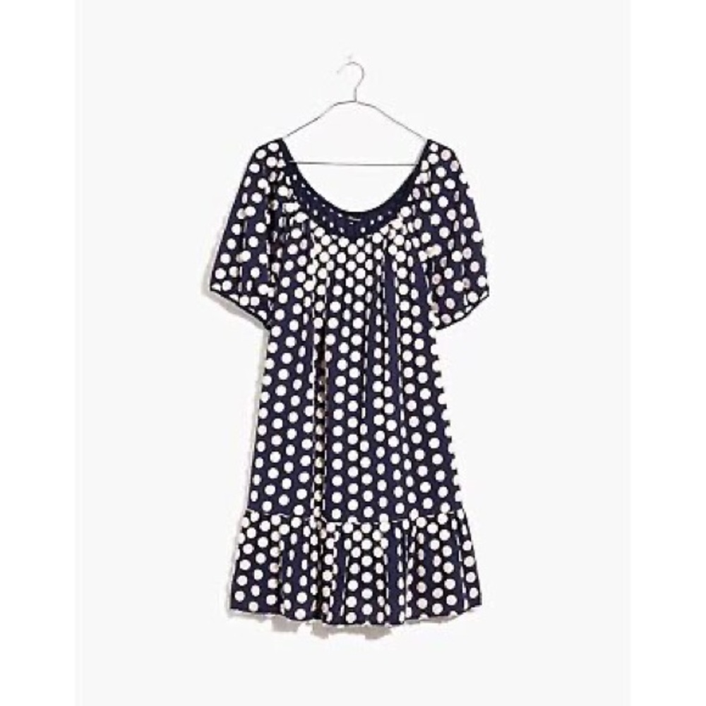 Madewell Medium Ruffle Hem Mini Dress Textural Dot Navy Blue and White VGUC
